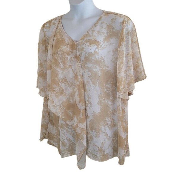 Catherines Tops - Catherines Tan & White Printed V-Neck Flutter Sleeve Draped Blouse Size 2X